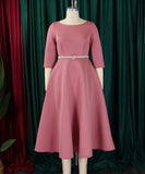Solid Color A Line Evening Dress Long Sleeve With Belt Available in Pink Green Rose Red White and Black