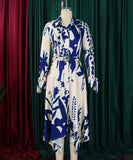 Printed V Neck Long Sleeve Dress with Belt Irregular Pattern