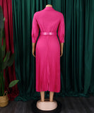High Waist Pleated Long Sleeve Dress with Lapel and Belt