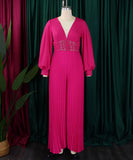 Long-Sleeved Beaded Sexy Wide-Leg Pleated Jumpsuit Glam
