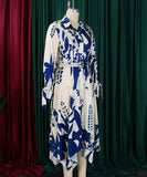 Printed V Neck Long Sleeve Dress with Belt Irregular Pattern