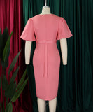 V Neck Puff Sleeve Mermaid Dress With Cinched Waist And High Slit