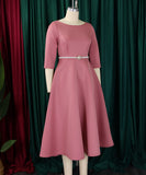 Solid Color A Line Evening Dress Long Sleeve With Belt Available in Pink Green Rose Red White and Black