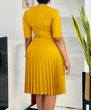 Stylish Large V-Neck Pleated Dress in Vibrant Solid Colors