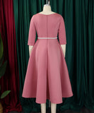 Solid Color A Line Evening Dress Long Sleeve With Belt Available in Pink Green Rose Red White and Black