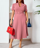 Short Sleeved V Neck Pleated High Waisted Dress in Vibrant Colors