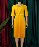 Stylish Large V-Neck Pleated Dress in Vibrant Solid Colors