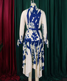 Printed V Neck Long Sleeve Dress with Belt Irregular Pattern