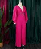Long-Sleeved Beaded Sexy Wide-Leg Pleated Jumpsuit Glam