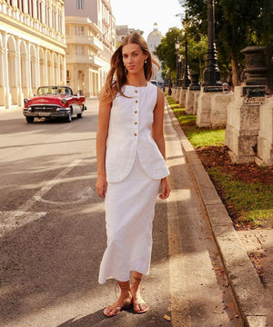 Chic White Square Neck Sleeveless Vest and High-Waisted Skirt Set