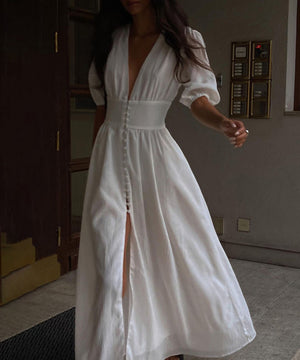 Chic Slim Slit Skirt With Puffy Sleeves for Effortless Style