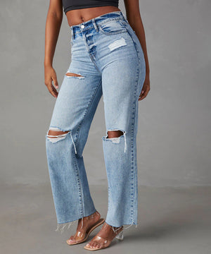 High-Waisted Fringed Jeans For Women Straight-Leg Blue
