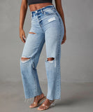 High-Waisted Fringed Jeans For Women Straight-Leg Blue