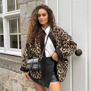 Relaxed Leopard Print Long Sleeve Coat For Women Casual