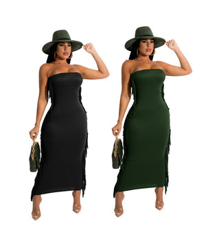 Sexy Solid-Color Women's Dress With Body-Hugging Tassels for Nightlife