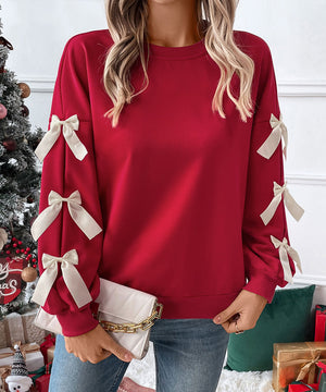 Round-Neck Bow Tie Christmas Hoodie For Women Cozy Fit Relaxed