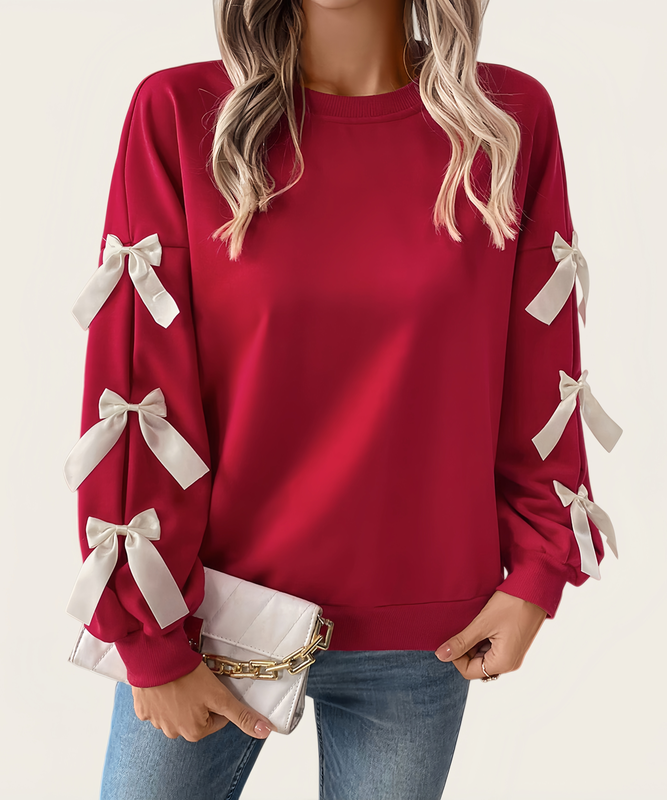 Round-Neck Bow Tie Christmas Hoodie For Women Cozy Fit Relaxed