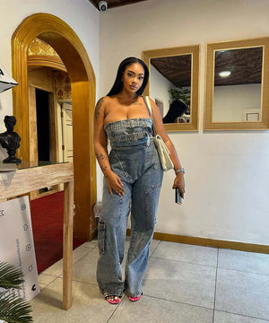 Women?€?s High-Waisted Denim Jumpsuit in Hip-Hop Style