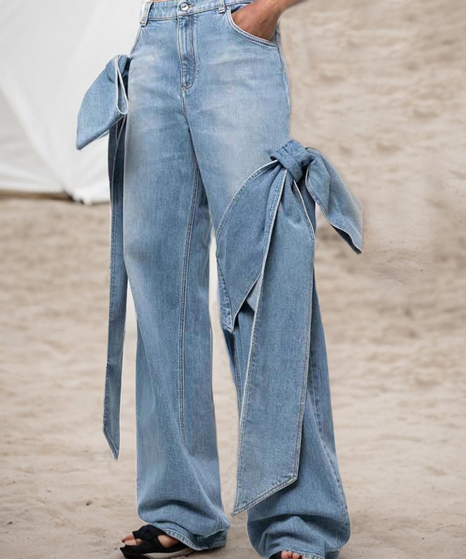 Aged Patchwork Bow Wide Leg Denim Pants for Stylish Comfort