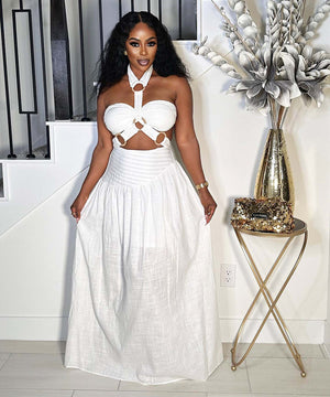 Padded Plunging Top With Detachable Straps And Flowing Skirt