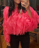 Ruffled Long Sleeve Polyester Top For Women Fashion