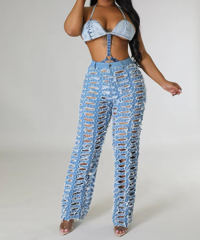 Women's Wide Leg Denim Trousers with Trendy Perforated Fringes
