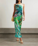 Green Satin Twist Knot Sleeveless Dress Positioned Print