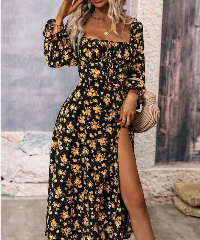 Chic Printed Slit Dress with Long Sleeves and Square Neckline