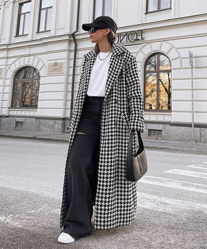 Elegant Thousand Bird Check Longline Trench Coat
