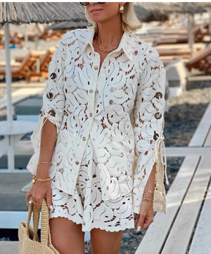 Beige Lace Blouse And Shorts Set Open Neck Long Sleeves