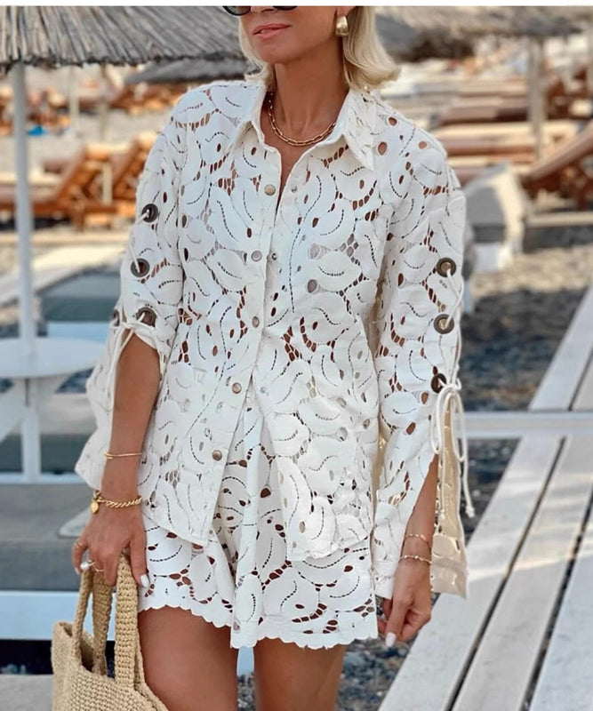 Beige Lace Blouse And Shorts Set Open Neck Long Sleeves