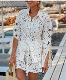 Beige Lace Blouse And Shorts Set Open Neck Long Sleeves