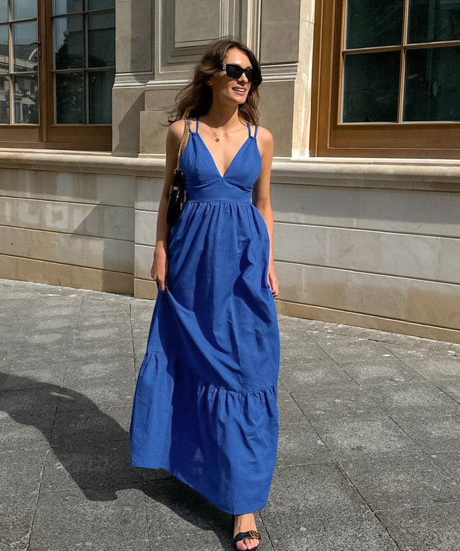 Stylish V-Neck Halter Dress with Open Back in Blue Hue