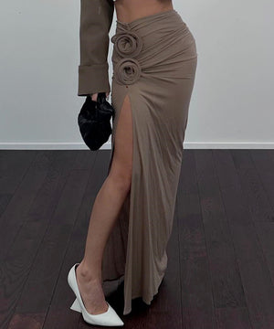 High Waisted Slit Pleated Flower Dress