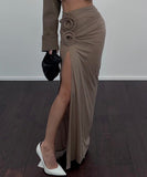 High Waisted Slit Pleated Flower Decorated Half Length Dress