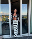 Bohemian Lace-Up Crop Top and Striped Skirt Knitted Set