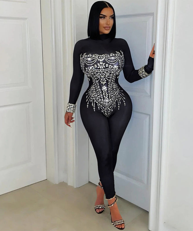 Hot Drill Tight Club Women Fashion Long-Sleeved Romper for Nightlife