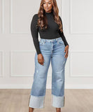 Blue Washed Long Jeans With Outward-Folded Cuffs For Comfort