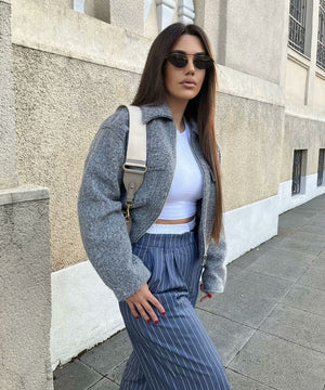 Short Loose Wool Coat Pearl Trim Casual Polyester Gray