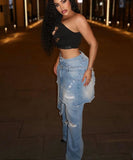 Apron Frayed Hem Straight Leg Pant Set