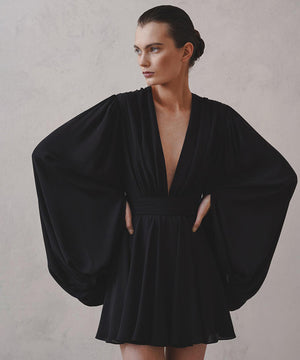 Elegant V-neck High-Waisted Dress with Puffy Sleeves