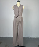 V Neck Sleeveless Vest and Wide Leg Trousers Set in Grey Khaki