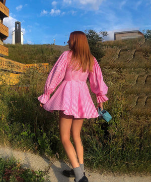 Charming Pink Plaid Long-Sleeved Dress with Butterfly Collar