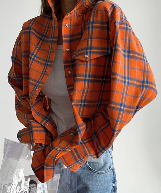 Chic Plaid Baggy Pocket Lapel Long-Sleeved Shirt in Orange