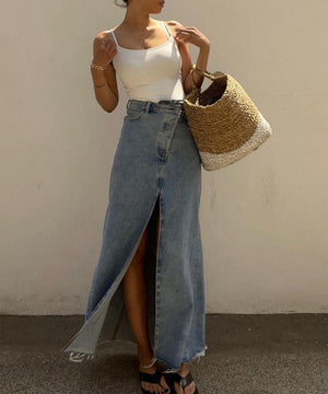 High Waisted Denim Skirt With Slit Full Skirt Deep Blue
