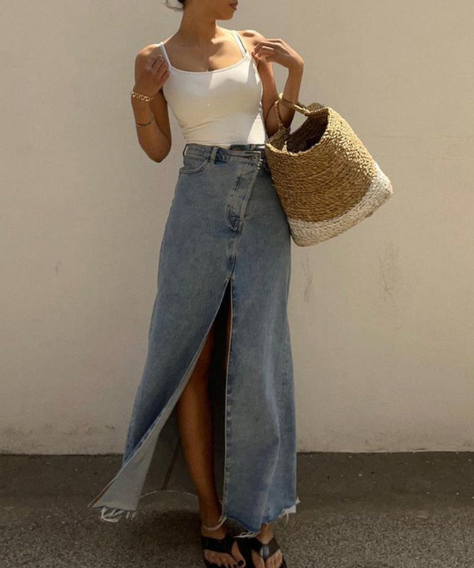High Waisted Denim Skirt With Slit Full Skirt Deep Blue
