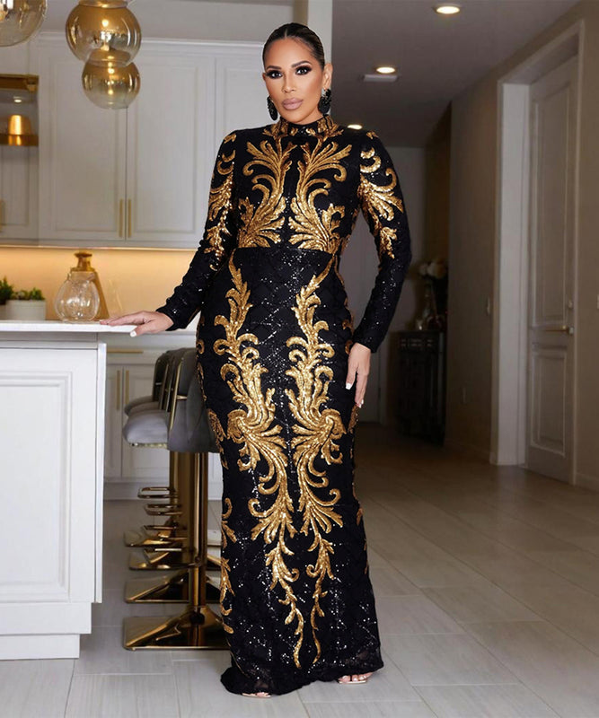 Glamorous Fashion Sequin Long Sleeve Wrapped Hip Fishtail Dress