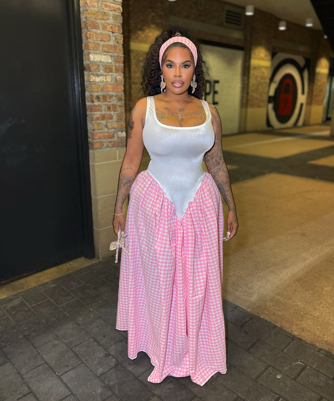 Fashionable Pink Checkered Print Belted Crop Top Dress