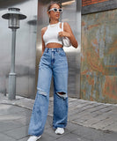Distressed High Waist Wide Leg Jeans For Women Chic Casual