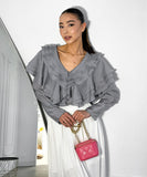 Chic V-Neck Peplum Halter Long-Sleeved Shirt for Style